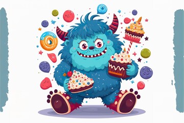 Naklejka premium Cartoon monster with sweets flat illustration created with Generative AI 