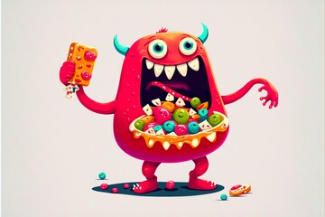 Naklejka premium Cartoon monster with sweets flat illustration created with Generative AI 