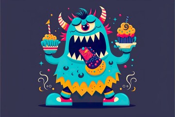 Cartoon monster with sweets flat illustration created with Generative AI 