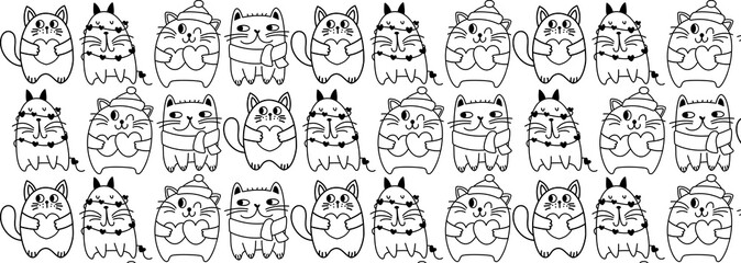 Doodle cats seamless pattern. Black and white cute background. Great for coloring, packaging, printing, fabric and textile. Vector illustration