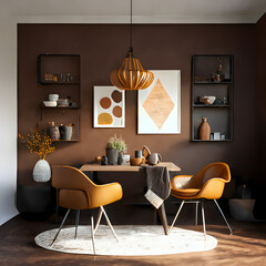Bright and cozy modern dining room interior with brown furniture and decoration room on empty brown or white wall background, Ai generated
