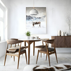 Bright and cozy modern dining room interior with brown furniture and decoration room on empty brown or white wall background, Ai generated
