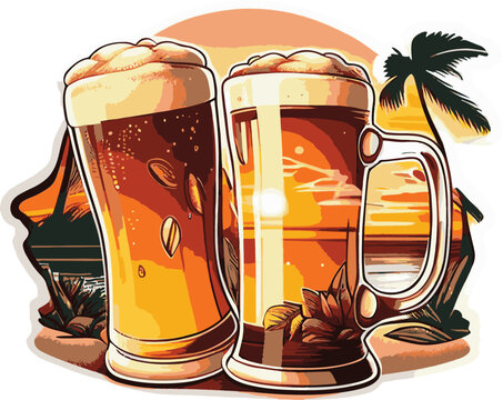 Vector image of two mugs with beer on background of tropical beach and palm trees..