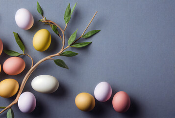 Easter eggs and tree branch on blue background. Generative AI