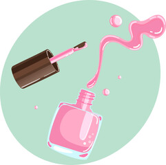 Illustration of a jar of pink nail polish with splash and drops in delicate shades