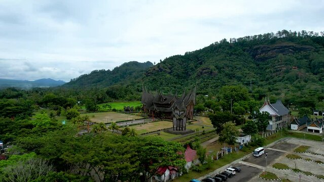 Aerial view of Istano Baso Pagar Ruyung, a heritage building with traditional Minangkabau design at Tanah Datar. Rumah Gadang Istana Basa Pagaruyung