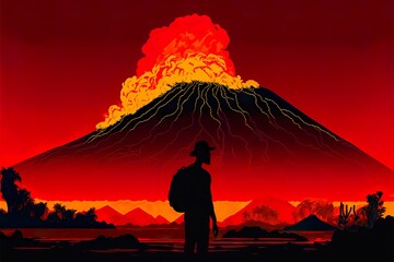 Man standing against volcano flat illustration created with Generative AI created with Generative AI 