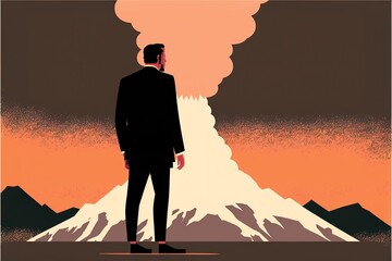 Man standing against volcano flat illustration created with Generative AI created with Generative AI 