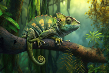 chameleon on a tree, background of the jungle, generative AI - obrazy, fototapety, plakaty