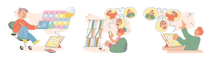 Children at home with phones and tablets set. Kids, toddlers use smart technologies lying in bed before going to sleep. Kids surfing social media, playing game, chatting by video call and use internet