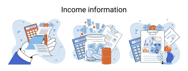Income information in financial report with charts, business profitability indicator, entrepreneurial activity and accounting, analysis, financial planning, cash and results of capital investments