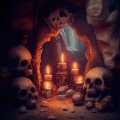 Creepy ancient cave with burning candles and skulls. An old abandoned grotto with bones. Generative AI Art.