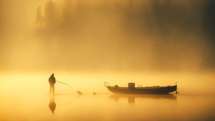 Fishing on the lake. Fog. Minimalism golden light