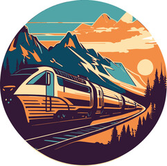 Color image of train against backdrop of mountain landscape in evening..