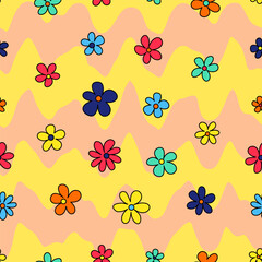 Trendy groovy seamless pattern for decorative design. Retro 60s 70s psychedelic design. Floral seamless pattern. Summer abstract floral textile vintage print. Hippie 60s, 70s style. Groovy background