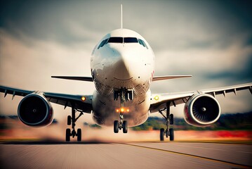 Naklejka premium A commercial travel aircraft departs from an airport runway. Concept of fast travel, holidays and business by AI generative.