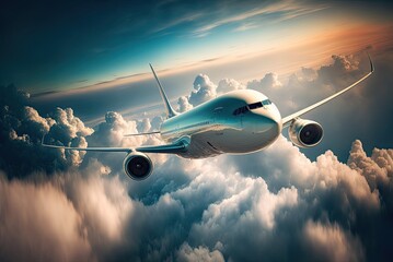 White passengers commercial airplane flying above clouds in blue sky. Concept of fast travel, holidays and business by AI generative.