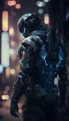 Fototapeta na wymiar Guardian of the Future: A Battle-Scarred Soldier Stands Watch Over a Vast Sci-Fi Metropolis
