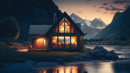 Shot of modern cozy house by the river. Evening shot