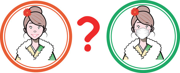 行事にマスクをするかどうか迷う着物の女性