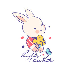 Adorable naive happy Easter print. Cute little bunny with egg and chiken. Spring consept with scribble typography, fun quirky greeting.