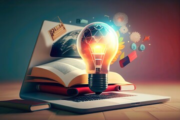 E-Learning-Programmkonzept für Graduiertenzertifikate. Glühbirne auf Buch mit Abschlusskappe und Bildungssymbolen. Abschluss des Internet-Bildungskurses, Online-Lernkonzept. Webinare ,Generative AI