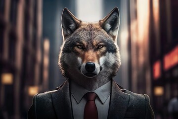Porträt vom Wolfs im Business - Anzug an der Wall Street, Generative AI - obrazy, fototapety, plakaty