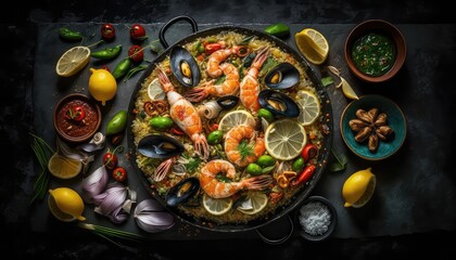 Seafood paella is a traditional Spanish food. generative Ai