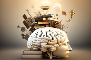 Fototapeta premium brain with a education ideas, new discoveries and scientific inventions, books, lamp, gear wheels, puzzle