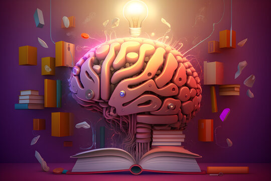 brain with a education ideas, new discoveries and scientific inventions, books, lamp, gear wheels, puzzle