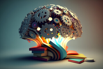 brain with a education ideas, new discoveries and scientific inventions, books, lamp, gear wheels, puzzle