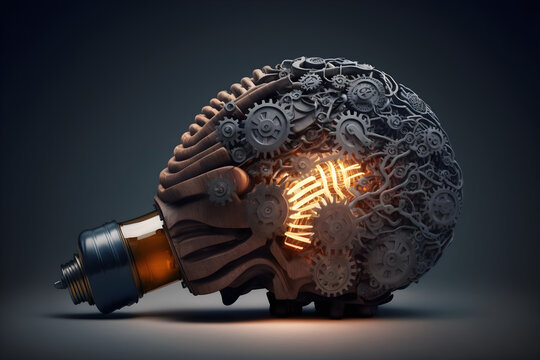 brain with a education ideas, new discoveries and scientific inventions, books, lamp, gear wheels, puzzle