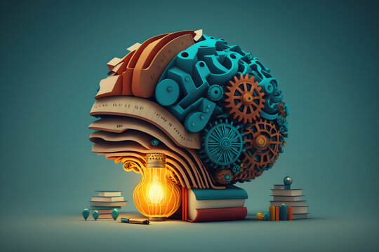 brain with a education ideas, new discoveries and scientific inventions, books, lamp, gear wheels, puzzle