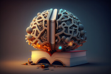 brain with a education ideas, new discoveries and scientific inventions, books, lamp, gear wheels, puzzle