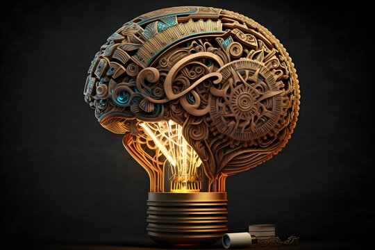 brain with a education ideas, new discoveries and scientific inventions, books, lamp, gear wheels, puzzle