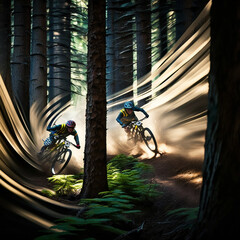 Naklejka premium person riding a bike in the forest