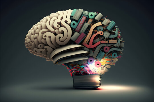 brain with a education ideas, new discoveries and scientific inventions, books, lamp, gear wheels, puzzle