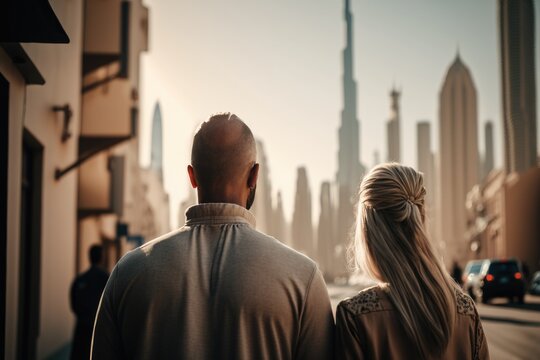 couple in dubai looking burj khalifa, generative AI