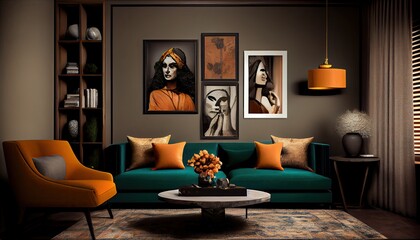 modern interior design, Charcoal, Persian green, Saffron, Sandy brown, Burnt sienna