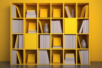 Bookshelf with yellow folders, archive, office, generative AI