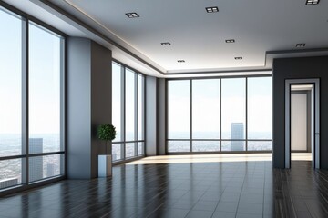 Fototapeta na wymiar modern empty office interior with skyline background, generative ai