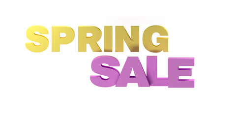 Spring sale.  3d word in gold and pink colors. Now on spring sale 3d text isolated over white background