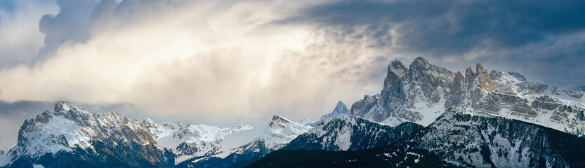 Beautiful winter mountain panorama. View from Rittner Horn (Italy). 