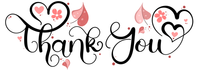 Thank You. THANK YOU hand lettering text with flowers and hearts of love. Black colored on white background. Vector illustration.