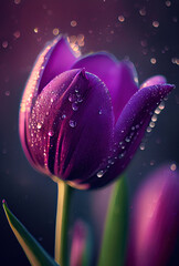 Raindrops on a purple tulip. Ai generative