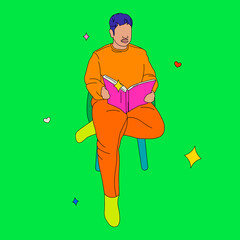 Person reading a book to the right with stars and hearts