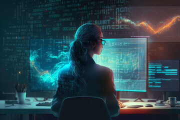 Business woman working on computer, futuristic data,holographic information.