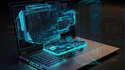 Futuristic laptop computer, holographic data,