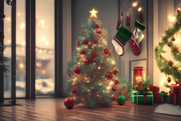 christmas tree with gifts and decorations-Generate AI