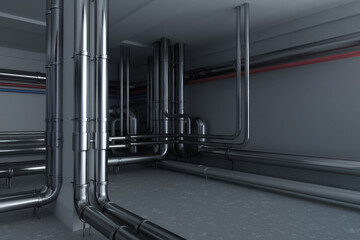 industrial background. The technical floor of the building with pipes for heating. Engineering...